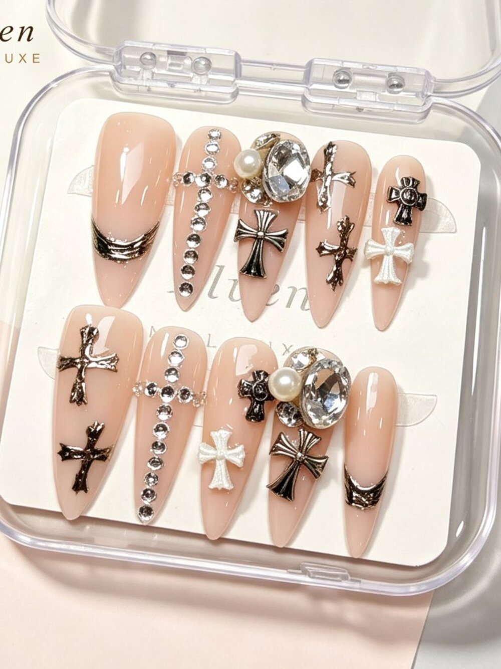 Gothic Style Cross Design Stiletto Press on Nails with Rhinestones and Pearls